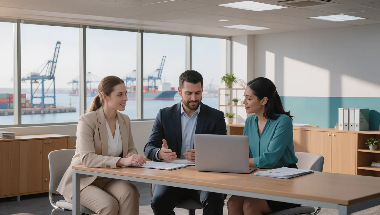 Tres profesionales revisan una operación comercial en una oficina luminosa con vistas al puerto.