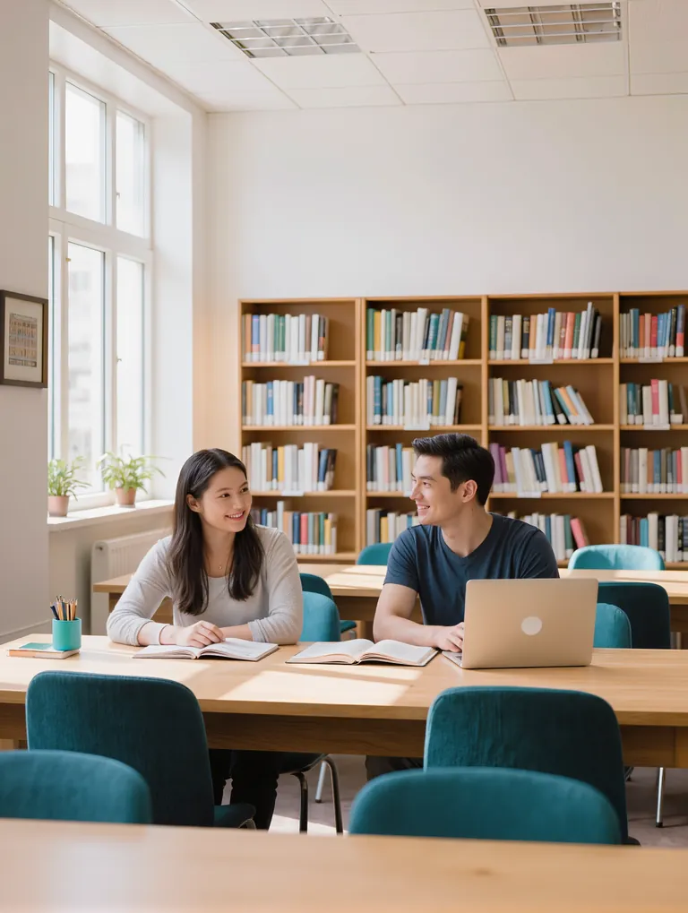 Dos personas estudian juntas con un portátil en una biblioteca con luz natural.