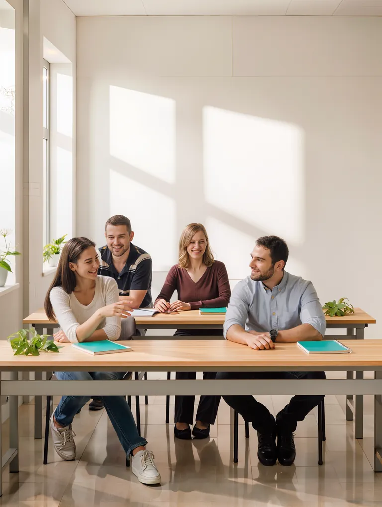 Grupo de adultos colaborando alrededor de una mesa en un espacio de estudio con luz natural.