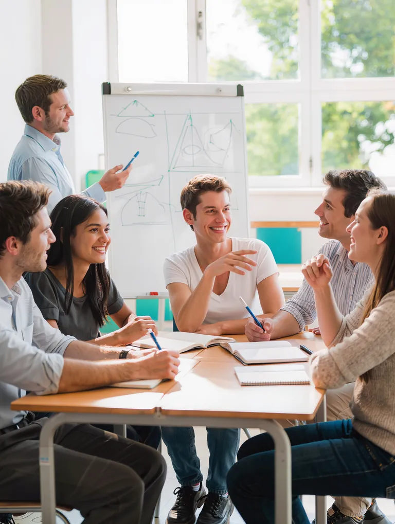 Grupo de formación debatiendo un proyecto en un aula luminosa con una pizarra al fondo.